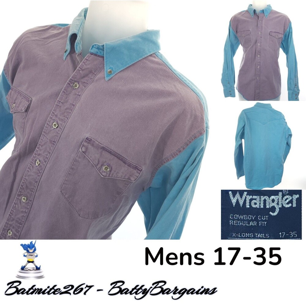 VTG 80s Wrangler Mens 17-35 Western XL Shirt L/S Blue Purple Turquoise Cotton